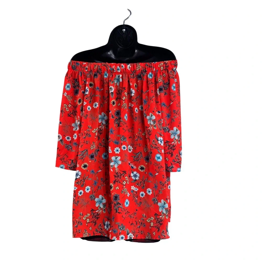 143 Story By Line Up Women Red Floral Off Shoulder Blouse 3/4 Bell Sleeve Sz M